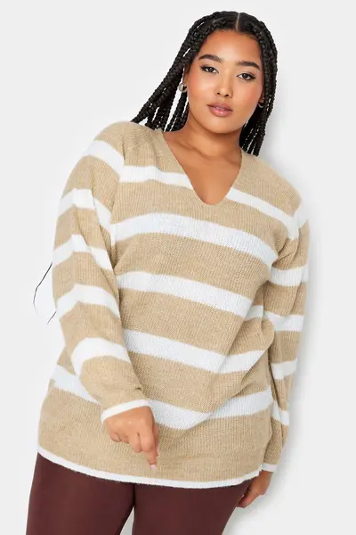 image of Yours V-Neck Knitted Jumper Medium Beige