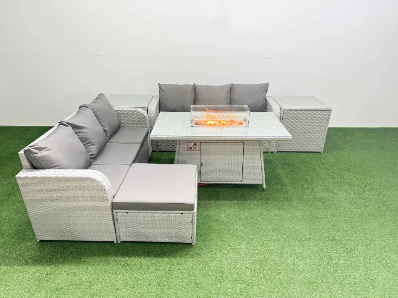 Image of Fimous Outdoor Garden Furniture Sets 7 Seater Wicker Rattan Furniture Sofa Sets with Firepit Dining Table high Back Lounge Sofa Big Footstool 2 Side T