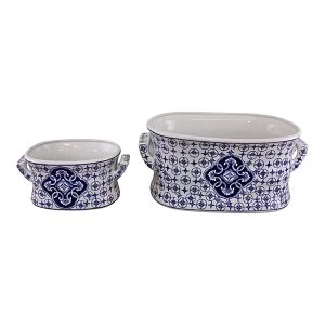 image of Set of 2 Ceramic Footbath Planters, Vintage Blue & White Circular Design