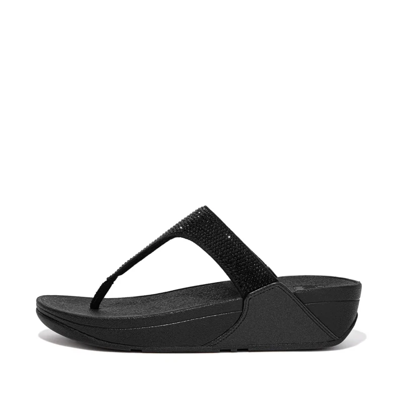 Image of FitFlop Lulu Crystal Embellished Synthetic Womens Toe Post Sandals - All Black - Size:UK 4