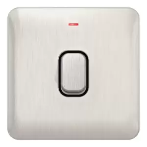 image of Schneider Electric Lisse Screwless Deco - Single Light Switch, with Neon Indicator, Double Pole, 20A, GGBL2011BSS, Stainless Steel with Black Insert