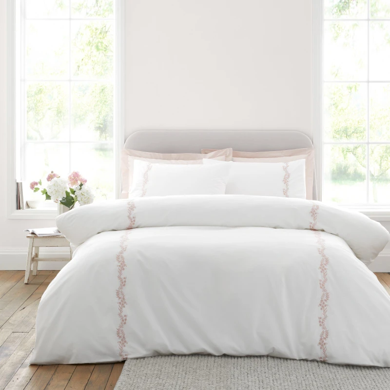 Image of Bianca Camille Embroidered Floral Duvet Cover Bedding Set White Pink