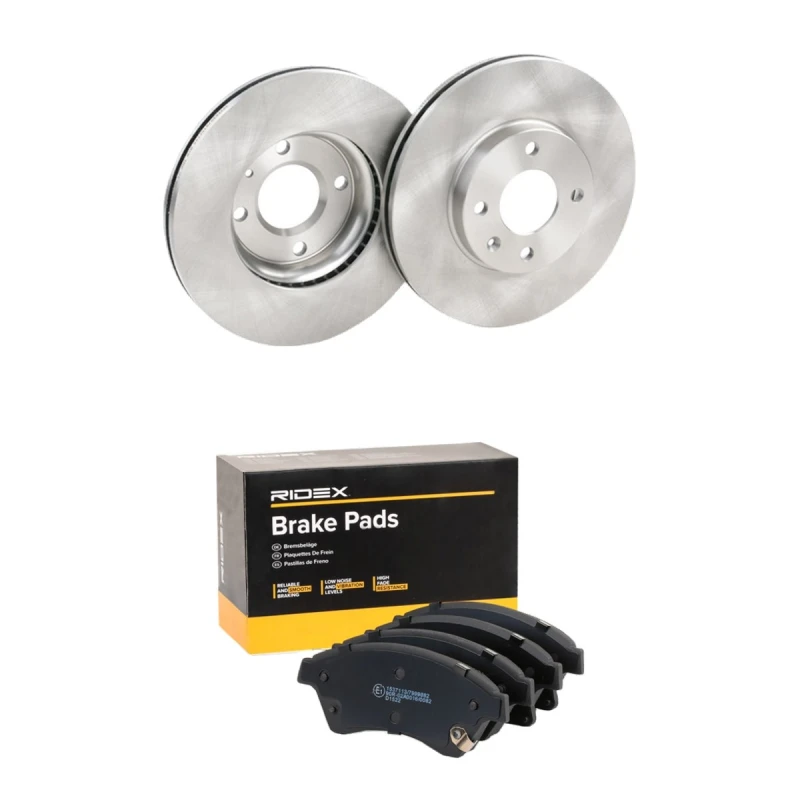 Image of RIDEX 3405B2572 Brake disc and pads set Front Axle, Brake Disc Type: internally vented, with acoustic wear warning Brake Set,disc brakes (3405)