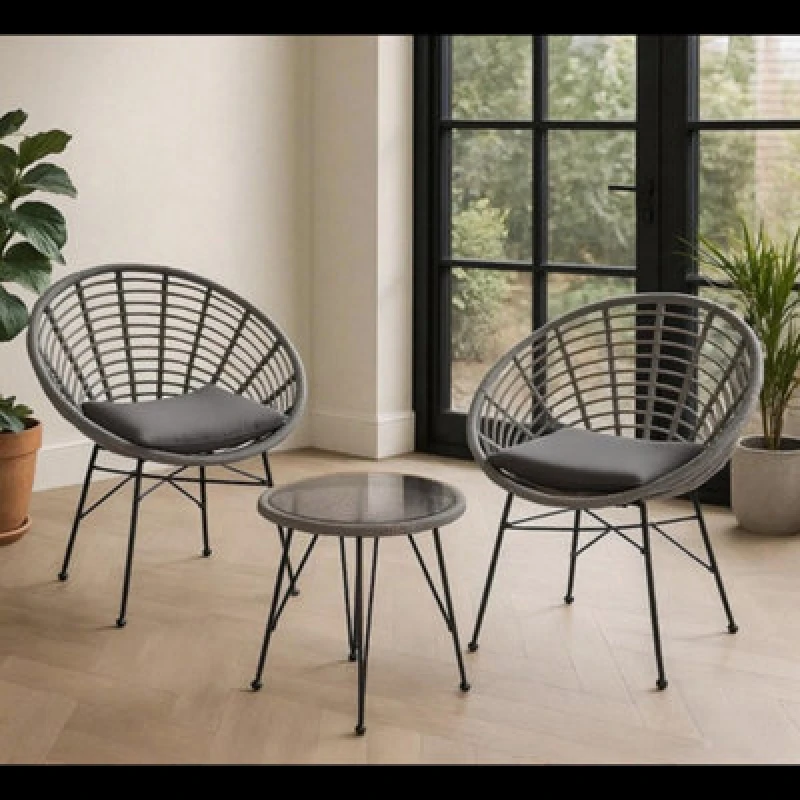 Image of Home Republic 3Pc Black Rattan Bistro Set With Cushions Outdoor Garden Chairs And Glass Table For Patio