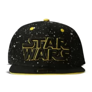 image of STAR WARS Galaxy Logo Snapback Baseball Cap, Unisex, Black/Yellow (SB042475STW)