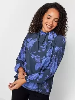 Image of M&Co Floral Bow Neck Bubble Hem Blouse, Blue, Size 10, Women
