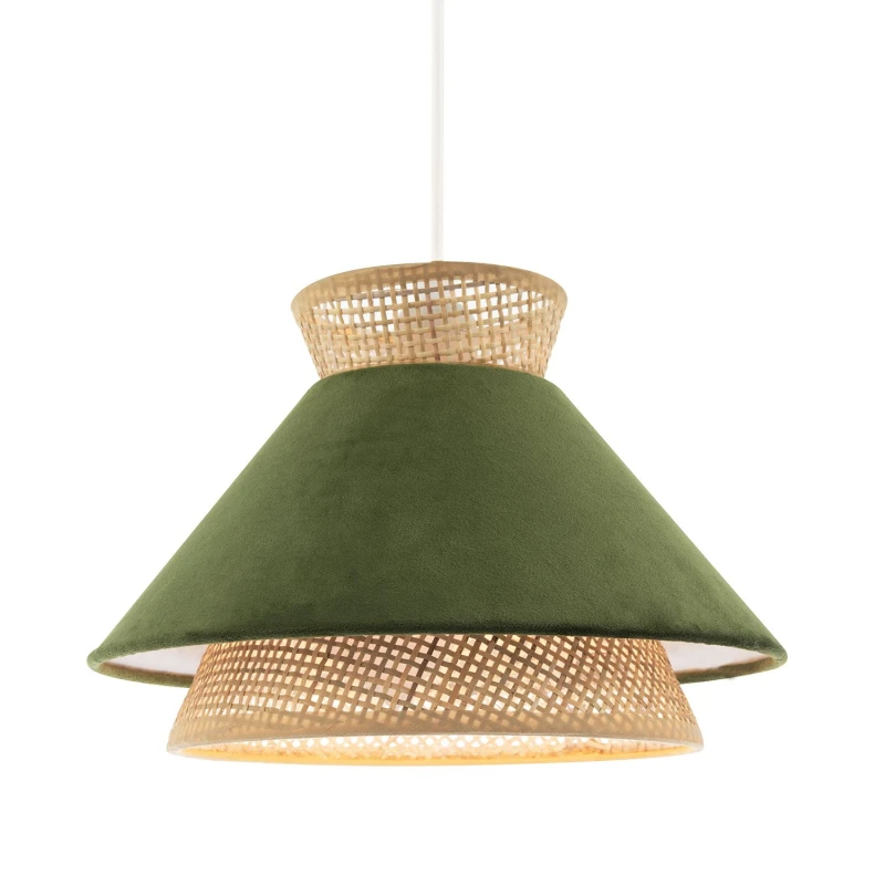Image of Happy Homewares Designer Dark Olive Velvet & Natural Rattan Pendant Lighting Shade Olive Unisex