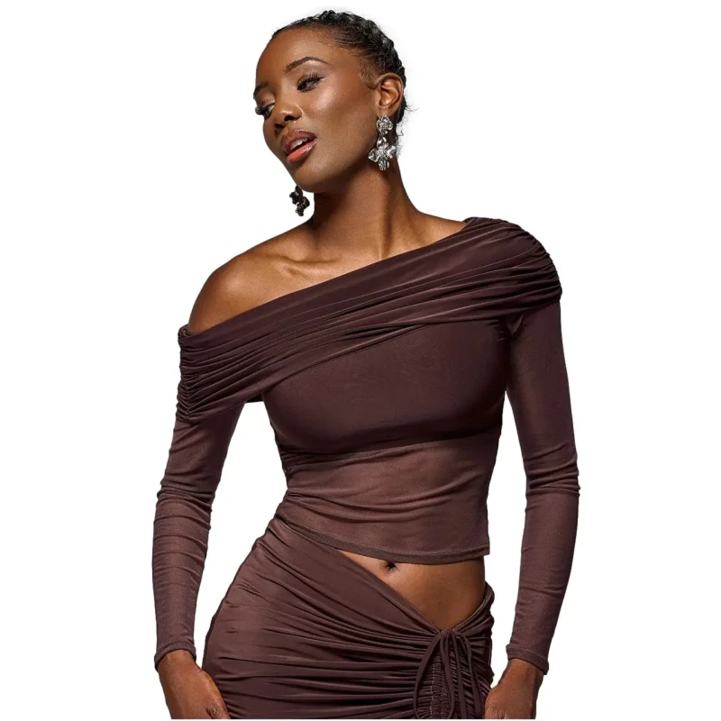 Image of Goddiva Womens Asymmetrical Top Goddiva Bardot Marron Female 38