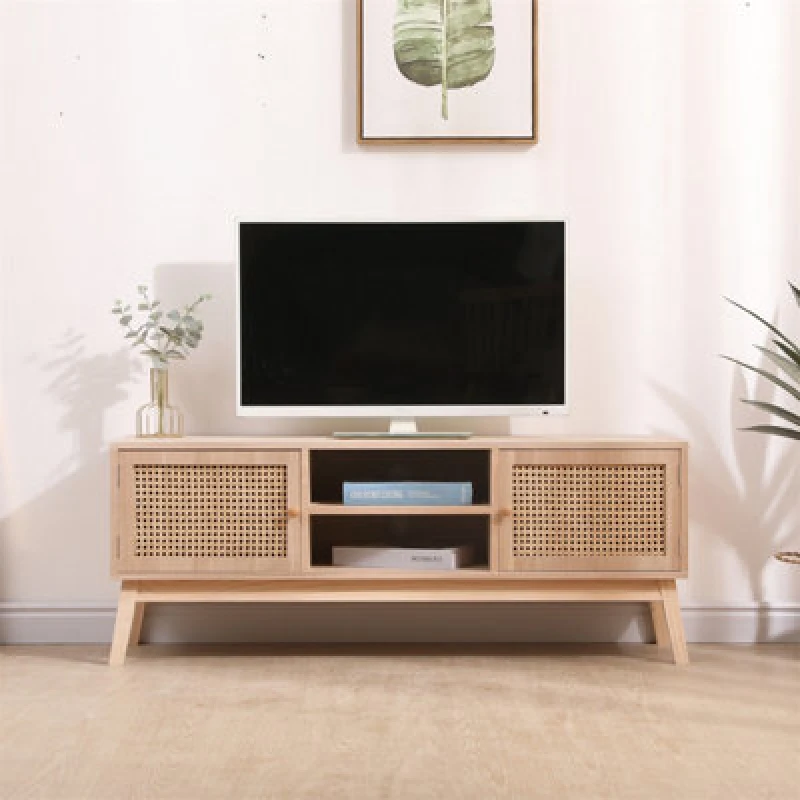 Image of Furniturehmd TV Stand Cabinet With Shelves Wicker Door Front Scandi Style Entertainment Unit For Tv's Up To 55" Living Room