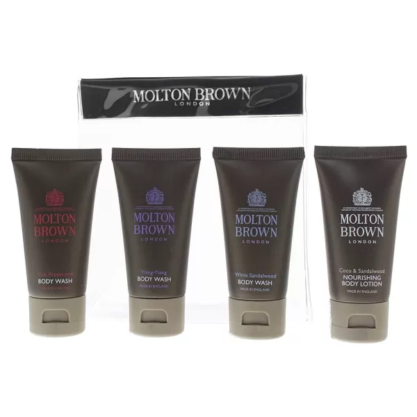 image of Molton Brown 4 Piece Gift Set: Coco Sandalwood Body Lotion 30ml - Ylang Ylang Body Wash 30ml - White Sandalwood Body Wash 30ml - Pink Pepperpod Body