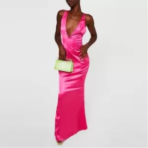 Missguided Plunge Neck Satin Fishtail Maxi Dress - Pink