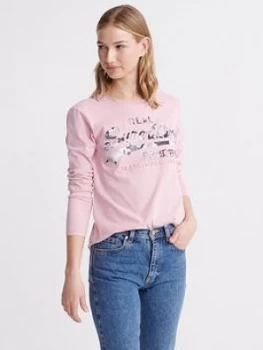 Image of Superdry Vintage Logo Photo Rose Long Sleeve Top - Soft Pink, Soft Pink, Size 10, Women