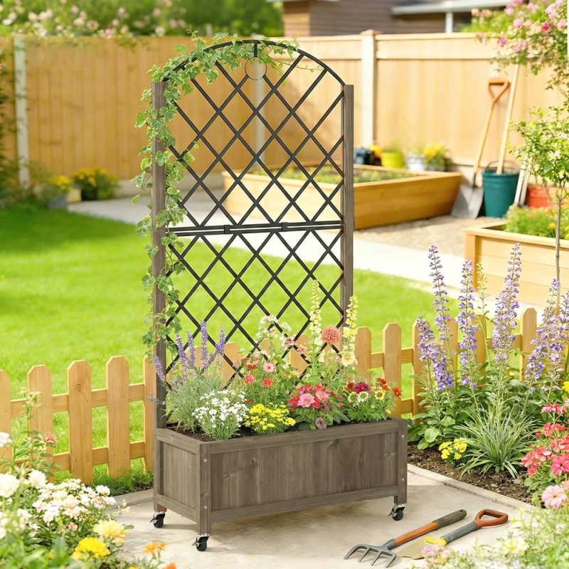 Image of OUTSUNNY Garden Bed w/Metal Trellis, Wooden Elevated Planter Box Carbonised in Natural Natural Unisex