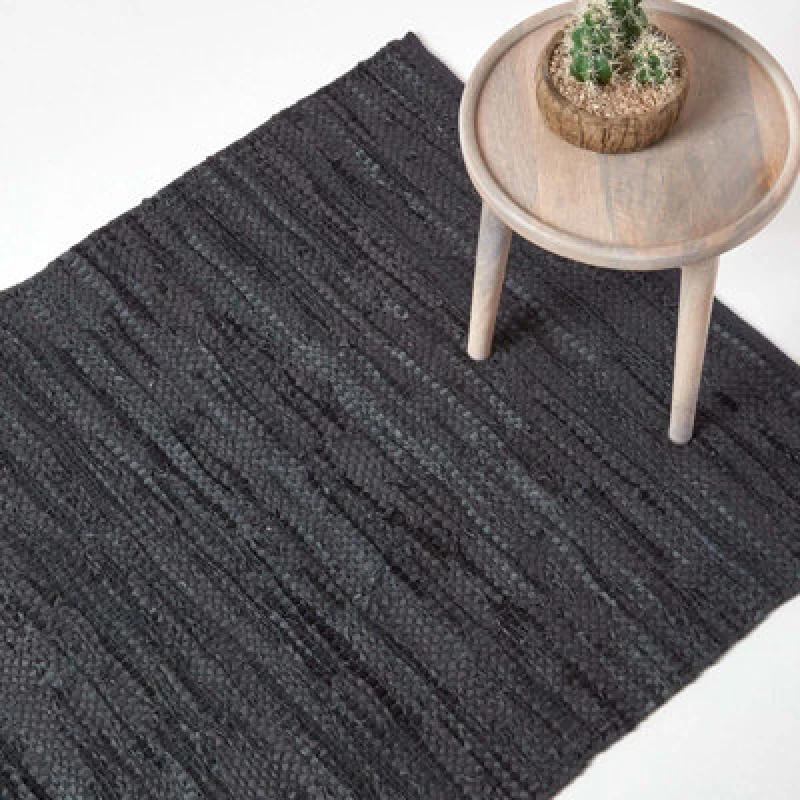 Image of Homescapes Denver Leather Woven Rug Black, 90 X 150 Cm