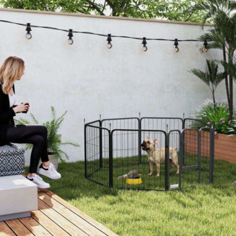 Image of PawHut 8 Panels Heavy Duty Dog Playpen with Door Indoor Outdoor, 60cm High Black
