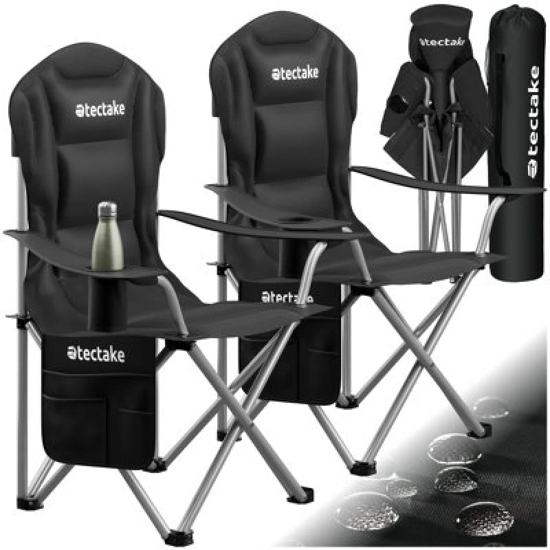 Image of Tectake Camping Chair Mtx - Padded, Foldable, With Cup Holder And Side Pocket - Black - Set Of 2