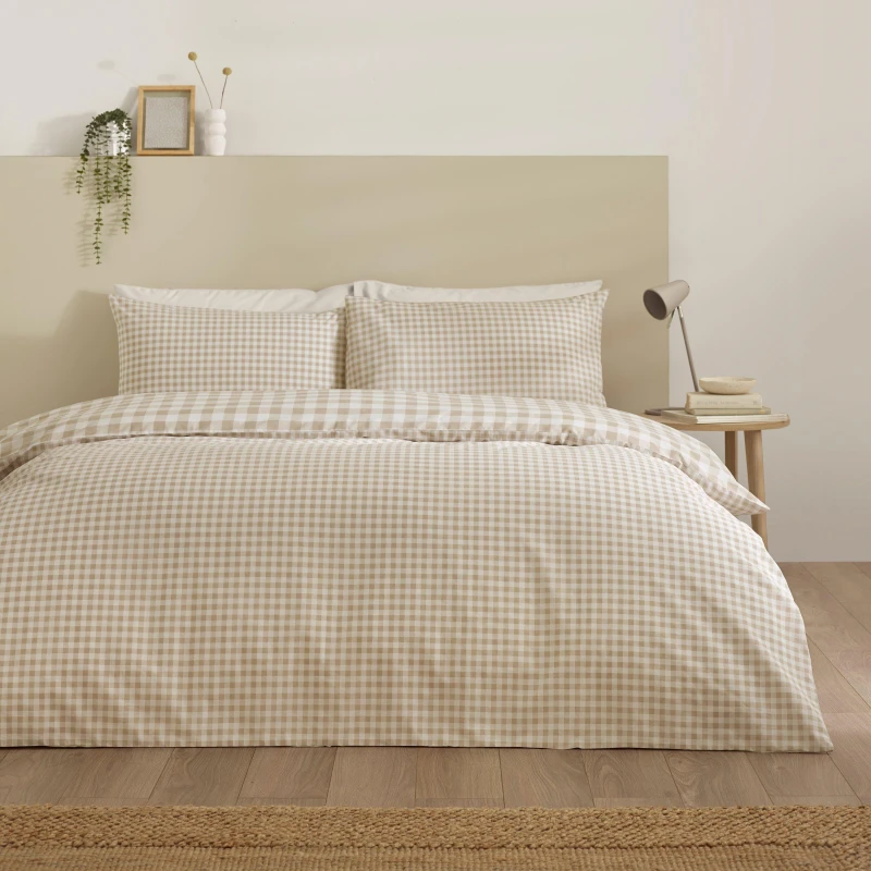 Image of Catherine Lansfield Bamford Gingham Check Duvet Cover Bedding Set Natural
