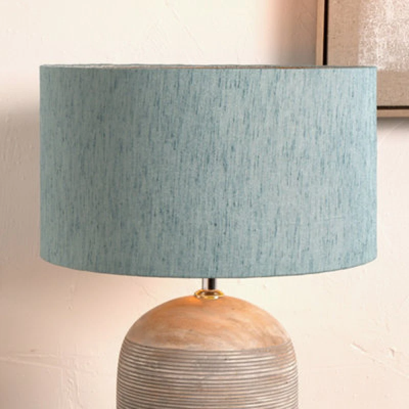 Image of Pacific Lifestyle 30Cm Duck Egg Slubbed Faux Silk Gold Lined Cylinder Lampshade Soft Blue Table Lamp Shade