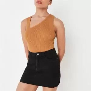 image of Missguided Petite Rib Asymmetric Knit Bodysuit - Brown