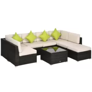 Image of Outsunny 8 Pieces PE Rattan Corner Sofa Set, Garden Furniture Set, Patio Wicker Sofa Seater w/ Cushion, Cushion Cover & Tempered Glass Table, Brown