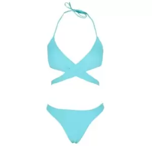 Missguided Cross Over Bikini Top and High Leg Bottom Bikini Set - Blue