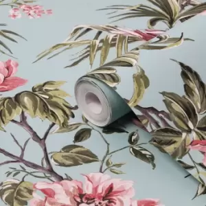 Image of Next Birds & Blooms Duck Egg Floral Smooth Wallpaper