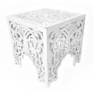 Topfurnishing - Beautiful Square Hand Carved Indian Wooden Side End Coffee Table [White,Large (40 x 40 x 42cm)]