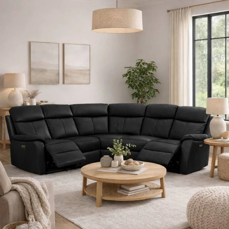 Image of Aspire Kingsmere Corner Power Recliner Sofa in Black Unisex
