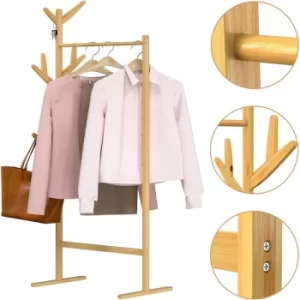 image of Coat Stand Bamboo Clothes Rack 8 Hooks 1 Hanger Bar 164 x 66 x 40cm Hallway Bedroom