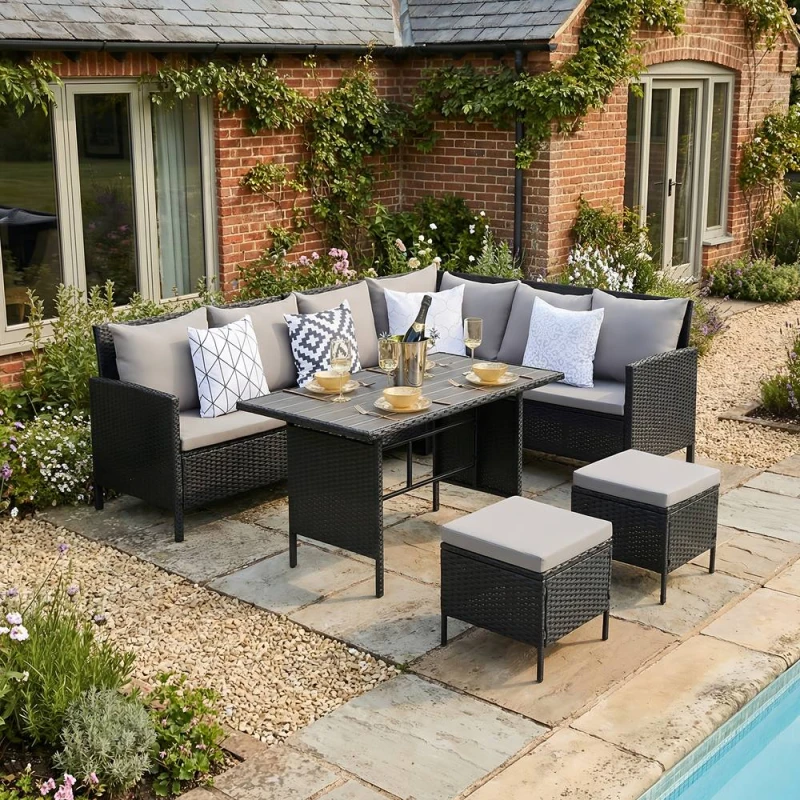 Image of Home Garden Direct Thalia - Rattan Corner Sofa Set with Polywood Table & stools - Black - 8 Seats Black Unisex