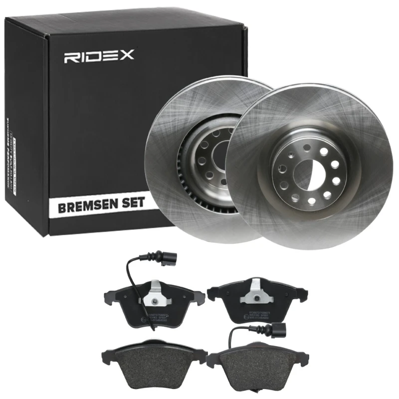Image of RIDEX 3405B1778 Brake disc and pads set Front Axle, Brake Disc Type: Vented, incl. wear warning contact, with anti-squeak plate Brake Set,disc brakes