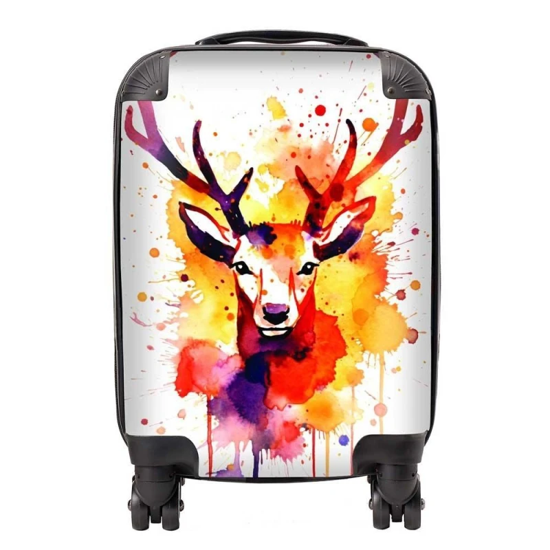 Image of Warren Reed - Designer Watercolour Stag Face Suitcase in Orange Size: Large Orange Unisex Large