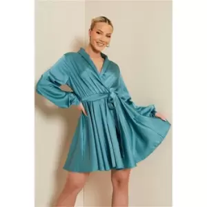 I Saw It First Teal Satin Plunge Wrap Tie Waist Skater Dress - Green