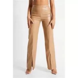 Image of I Saw It First Camel Faux Leather Split Front Wide Leg Trousers - Brown