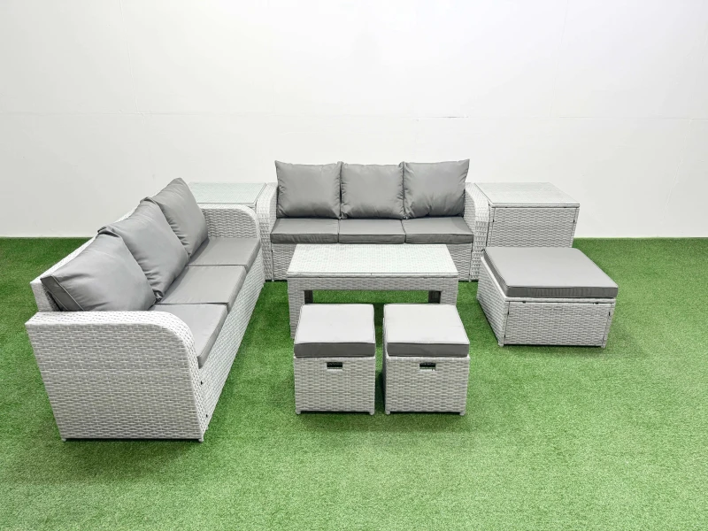 Image of Fimous Outdoor Garden Furniture Sets 9 Seater Wicker Rattan Furniture Sofa Sets with Oblong Coffee Table high Back Lounge Sofa 3 Stools 2 Side Table L