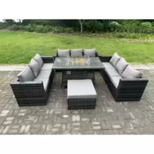 Image of Fimous 9 Seater Rattan Outdoor Patio Gas Fire Pit Dining Sofa Complete Set with Heater and Big Footstool