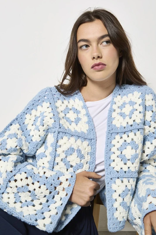 Image of Apricot Womens Hand-Knit Crochet Squares Cardigan in Blue Size: 14 Blue Female 14