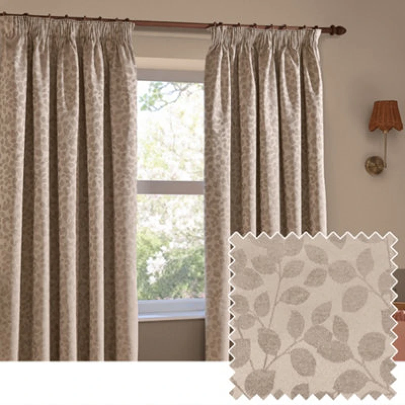 Image of Wylder Grace Leaf Jacquard Room Darkening Pencil Pleat Curtains Taupe 117Cm Width 137Cm Drop, Grey 5025532389701