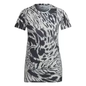 Image of adidas Fast Allover Print Running T-Shirt Womens - Linen Green / Carbon