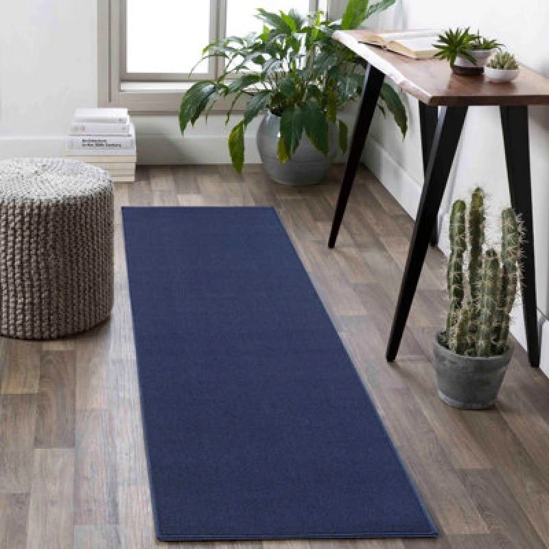 Image of Simple Low Pile Modern Tufted Area Rugs For Living Room With Felt Backing Navy 60X220 Cm