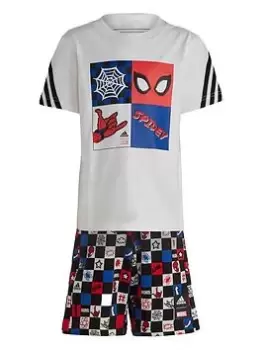 Image of adidas Kids Disney Spiderman Short & Tee Set, White/Black, Size 5-6 Years