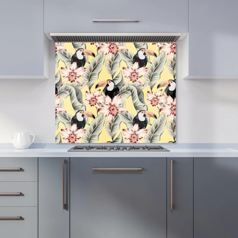 Image of Warren Reed - Designer Toucans, Orchids & Palm Leaves Kitchen Splashback in Yellow Size: 700mm x 650mm Yellow Unisex 700mm x 650mm