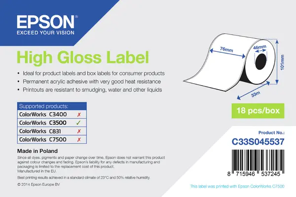 Image of Epson C33S045537 High Gloss Continuous Label Roll 76mm x 33m (Original)