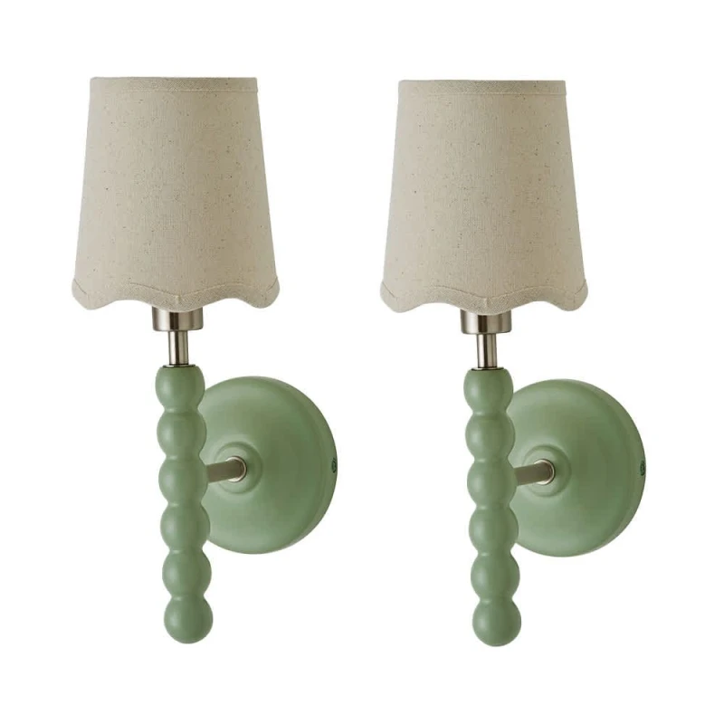Image of ValueLights ValueLights Bobbins Pair Pastel Wall Lights and Natural Lamp Shades and Bulbs in Pale Green Pale Green One Size Unisex 5059406069468