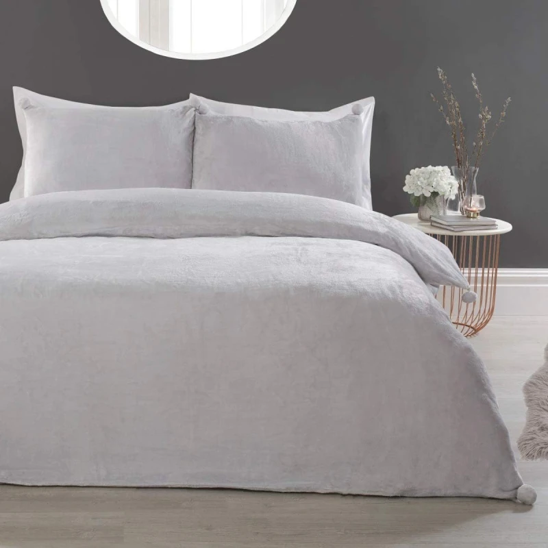 Image of Smart Living Smart Living Luxurious Pom Pom Fleece Duvet Cover with Pillowcases in Silver Size: Double Silver Double Unisex 5056242754329