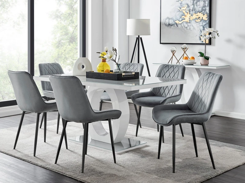 Image of FurnitureboxUK FurnitureboxUK Giovani 6-Seater Grey Glass Dining Table and 6 Pesaro Soft Velvet Dining Chairs Grey One Size Unisex 5056542650741