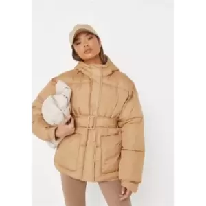 Missguided Oversized Belted Puffer - Brown