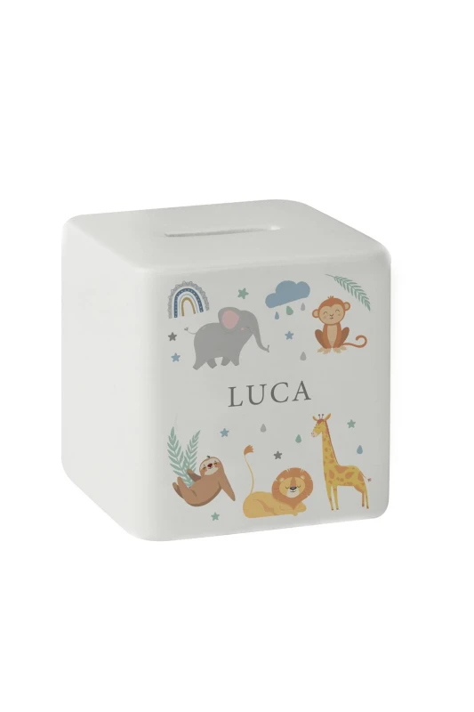 Image of Personalised Memento Company Personalised Safari Animals Ceramic Square Moneybox White unisex