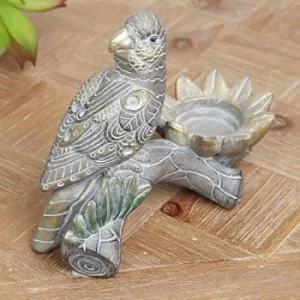 image of Carved Wood & Bronze Effect Exotic Parrot Tealight Holder