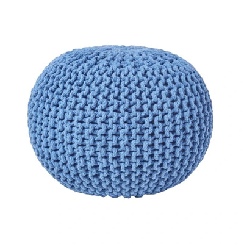 Image of Homescapes Blue Round Cotton Knitted Pouffe Footstool